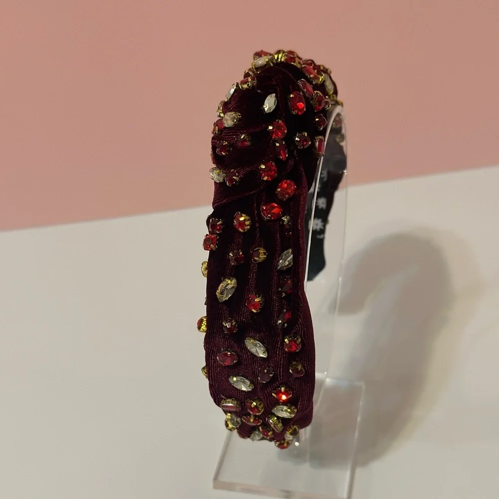 Red Rhinestone Burgundy Velvet Knot Headband - Picture 2 of 10